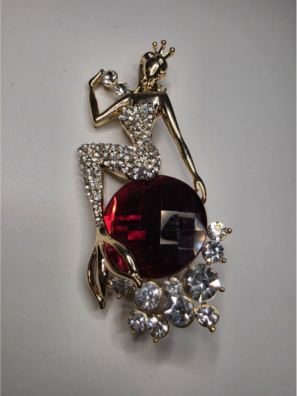 Gold Plated Clear Crystal Mermaid Brooch Pin
